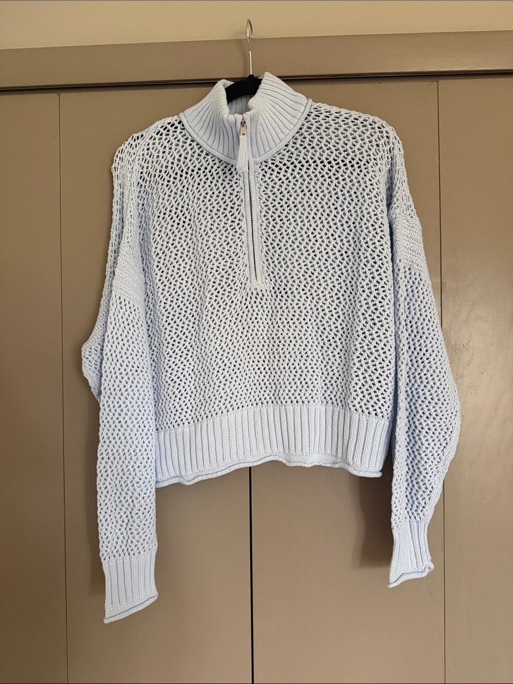 aerie Light Blue Open-Knit Half-Zip Turtleneck Sweater